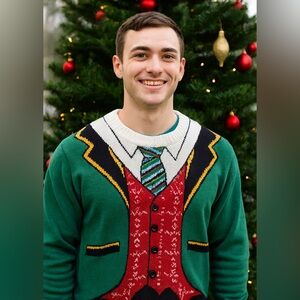 Festive Christmas Men's Sweater with Tie Design- Size XL